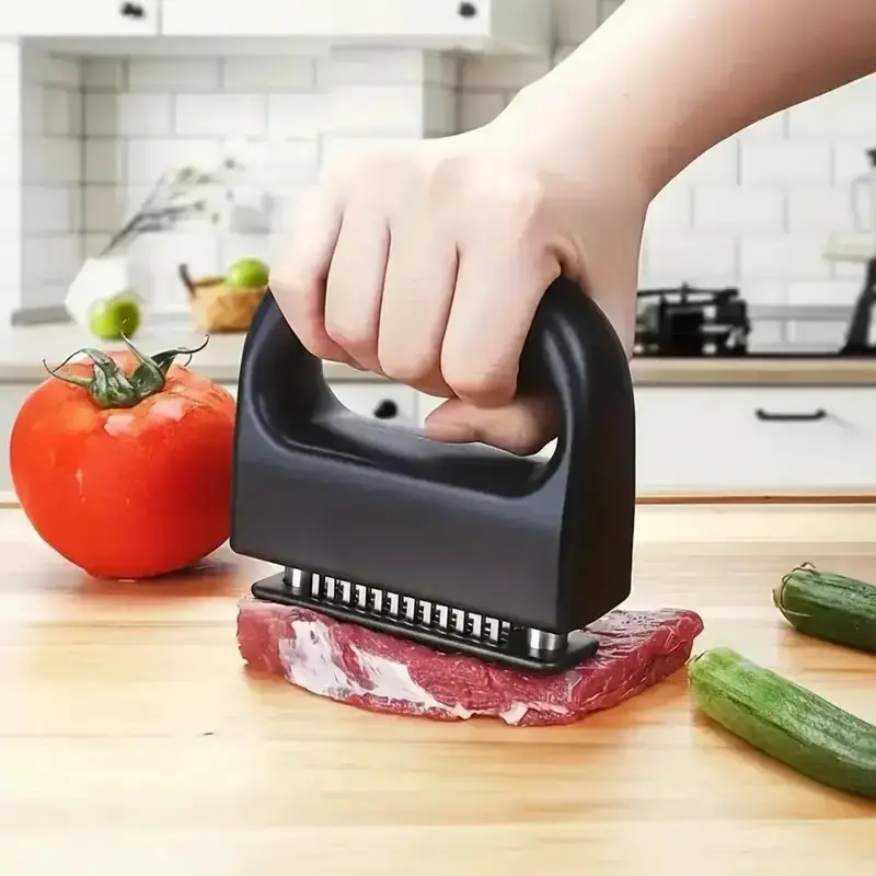 Summer Grilling Stainless Steel Meat Tenderizer with 48 Sharp Blades & Safety Lock. Portable BBQ tool tenderizes all common meat, dishwasher friendly. Practical summer gift for home chefs and barbecue fans.