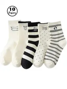 10 Pairs Striped Cartoon Puppy Socks for Women, Soft Comfortable Mid-Calf Socks, All Seasons Wear, Fashionable and Cozy Footwear