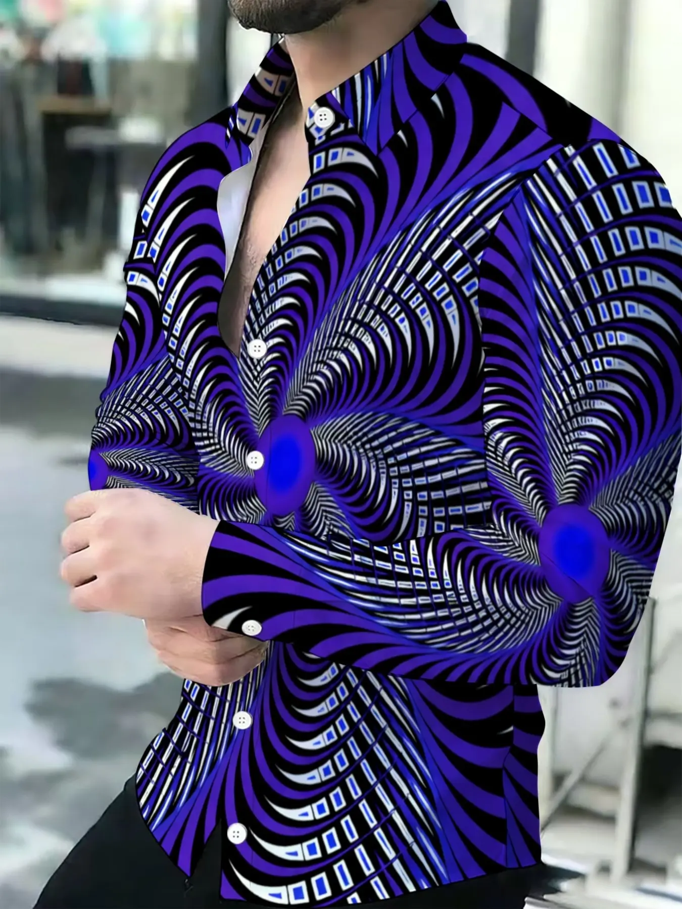 Purple Black White 3D Optical Illusion All Over Printed Men's Breathable Lapel Long Sleeve Cardigan Tops Shirts