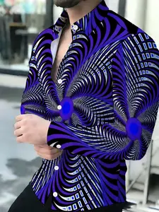 Purple Black White 3D Optical Illusion Pattern Men's Breathable Lapel Long Sleeve Cardigan Tops