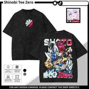 My Hero Academia Shoto Todoroki Washed Vintage Anime Graphic Tee Shirt, Acid Wash Black Fire Ice Quirk Manga T-Shirt, Japanese Anime Streetwear, Dual Power Aesthetic Oversized Tee Hoodie Sweatshirt Tank Top Unisex for Men Women Fans Gift