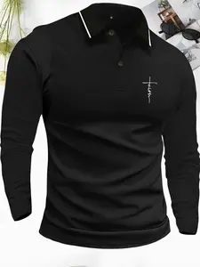 Spring and autumn men's long-sleeved T-shirt lapel POLO shirt retro versatile classic letter printing sports casual daily outing outdoor light business top