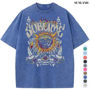 Sunland Oversized Acid Washed Fuzzy Printed Sun Pattern T-Shirt Unisex Men's & Women's Graphic Tee Casual Short Sleeve DTG Printed Breathable Top