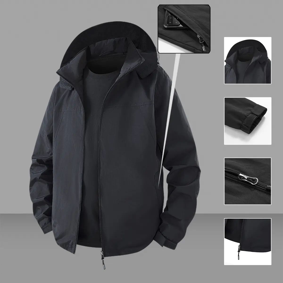 Men's Heather Gray Wind-Resistant Hooded Jacket Lightweight Utility Zip Up Outerwear with Multiple Pockets for Outdoor Hiking
