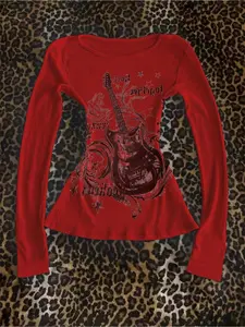 Women's Casual Long Sleeve T-Shirt with Guitar Letter Print, Slim-Fitting Style for All Seasons, Trendy Commuter Streetwear Shirt in Spring & Autumn