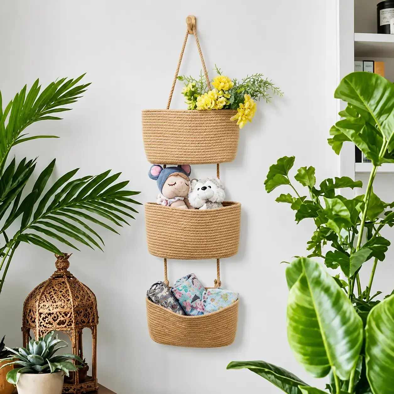 Woven Cotton 3-Tier Over-The-Door Wall-Mountable Basket with Handles - 11in Portable Home Organizer, Warm Handmade Charm Look, Natural Feel for Beauty & Daily Necessities Storage Organization