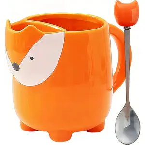 17oz Fox Mug with Built-in  Bag Holder and Spoon-Cute Glossy Ceramic   Cup for , Women, Girls- for Autumn, Birthday, Christmas (orange)