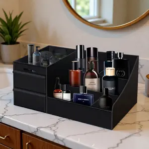 Men's Black Cologne Organizer with Drawers for Perfumes Skincare & Shaving Supplies Durable Waterproof Design for Bathroom Vanity or Dressing Table Perfect Gift for Him
