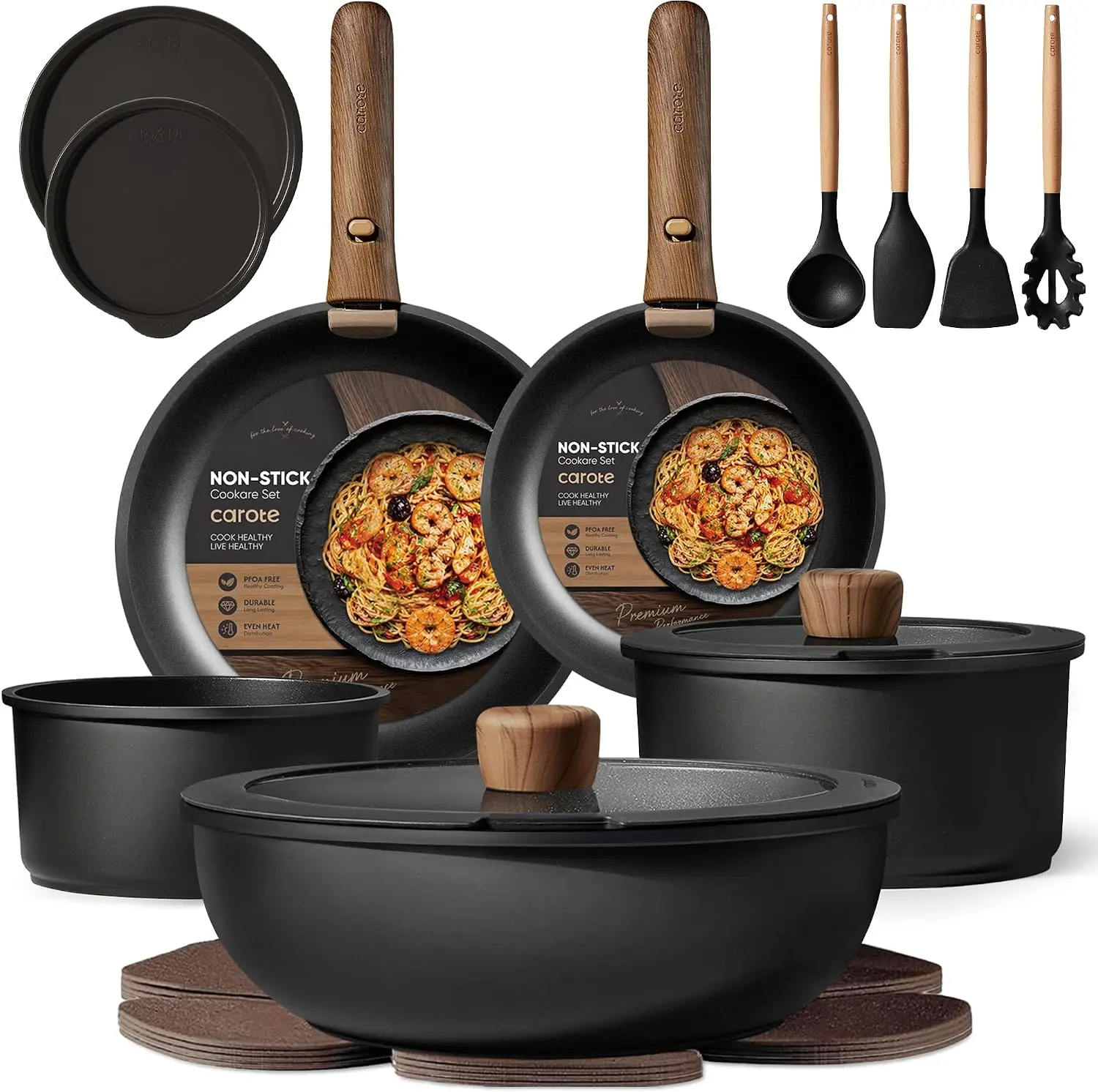 19pcs Pots and Pans Set Non Stick, Detachable Handle Cookware Set | Induction Compatible, Dishwasher & Oven Safe, Space Saving, for Camping/RV/Traveling, Kitchen Cooking Set, Black Nonstick Silicone