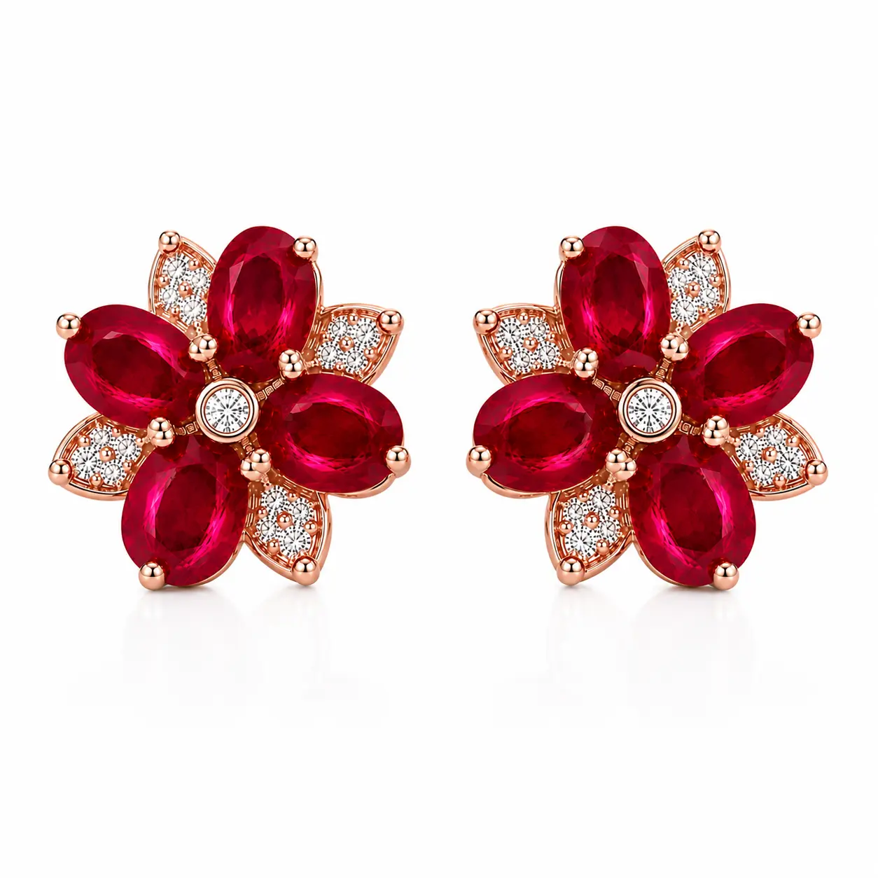 Sterling Silver Natural Ruby Cluster Earrings, 3x4mm Oval Gemstone Studs