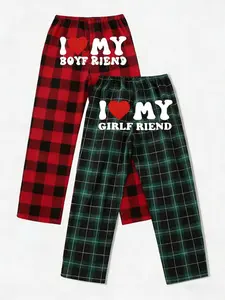 Red Green Plaid Checkered Pants with I Love My Boyfriend/Girlfriend Print, Couple Loungewear, Elastic Waist Sleep Bottoms, Cozy Matching PJs, Perfect for Home Lounging, Couple Gifts & Daily Wear, Trendy Love Graphic PJs for All Seasons, Casual