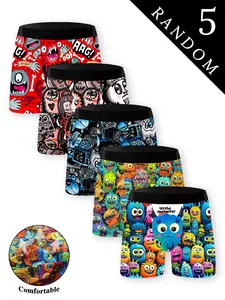 Men's Fun Monster Boxer Briefs, Graphic Print Breathable Underwear, Comfortable Casual Long-Length Sports Bras, Ideal for Running, Beach, Parties