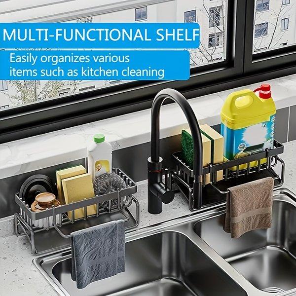 Kitchen Sink Organizer Tray with Sponge Holder Dish Soap Brush Rack Multi Purpose Countertop Storage Space Saving for Kitchen Bathroom Durable Design