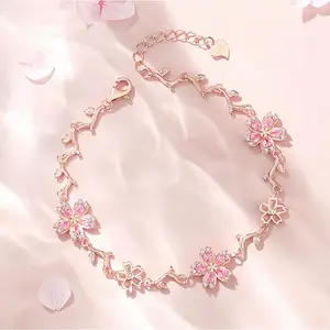 Original S925 Sterling Silver Cherry Blossom Bracelet Women's Fashion Pink Flower Bracelet Light Luxury Niche Design Gifts vintage  van cleef  bracelet Gold Plated Titanium Steel Clover Bracelet
