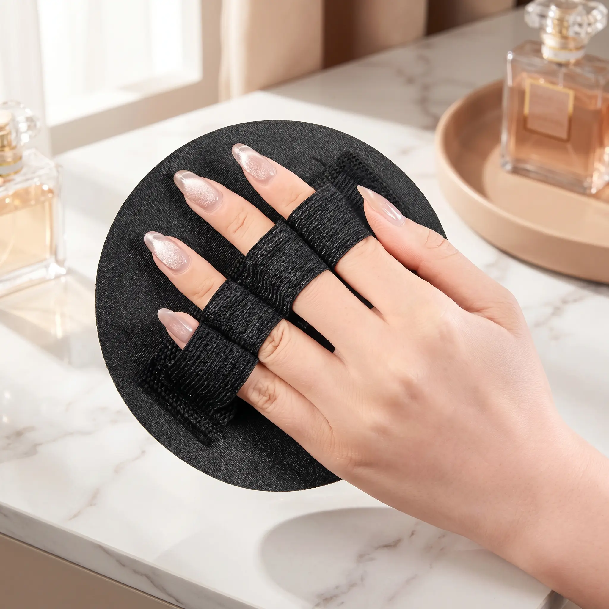 Round Body Exfoliating Scrub Pad with 4 Finger Loops, Anti-Slip Bath Mud Remover for Back & Full Body