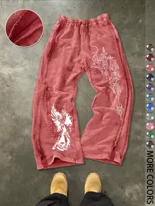 Men's Casual Loose Cotton Sport Pants, Angel Print, Drawstring Waist, Long Regular Fit, Street Style, Perfect for Daily Wear, Athleisure Style Bottoms