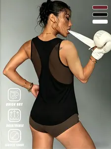 Women's Sporty Mesh Patchwork Training Tank Top, Stretchable Activewear, Breathable Comfortable Sleeveless Shirt, Ideal for Gym and Fitness