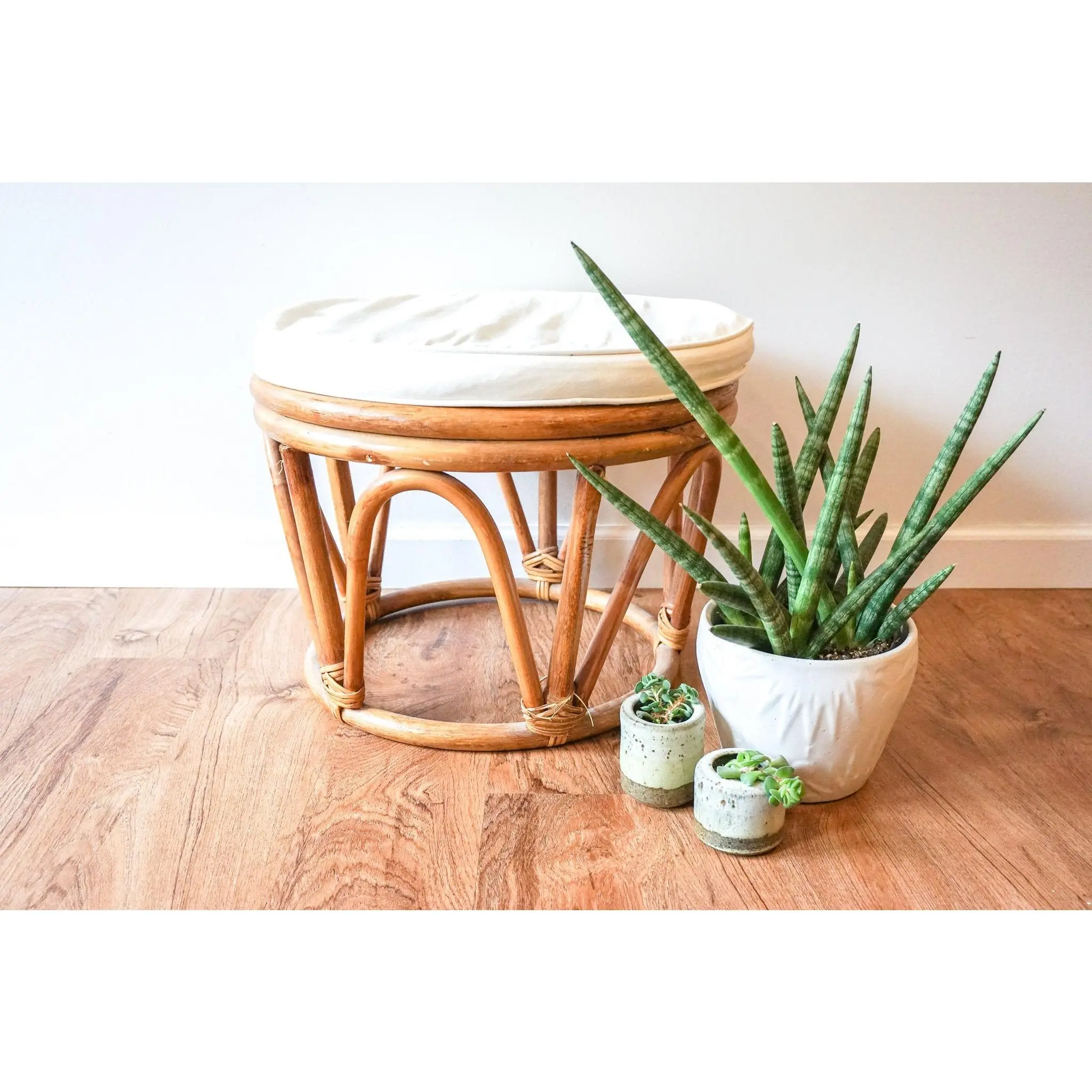 Large Vintage Woven Bentwood Bamboo Ottoman with White Cushion