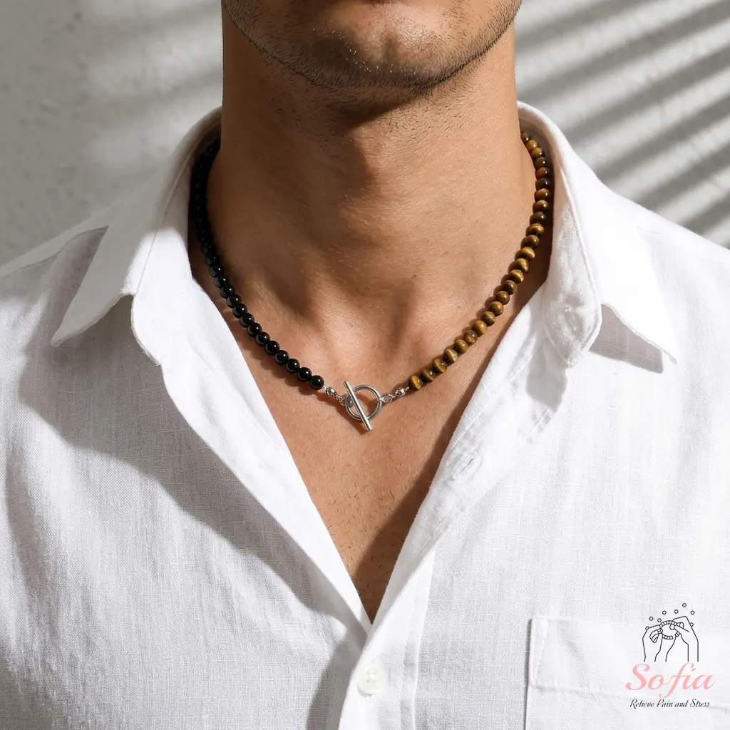 Mens Necklace - Black Onyx Tigers Eye Necklace - Beaded Choker Protection Necklaces for Male, Boho Style, Toggle Clasp