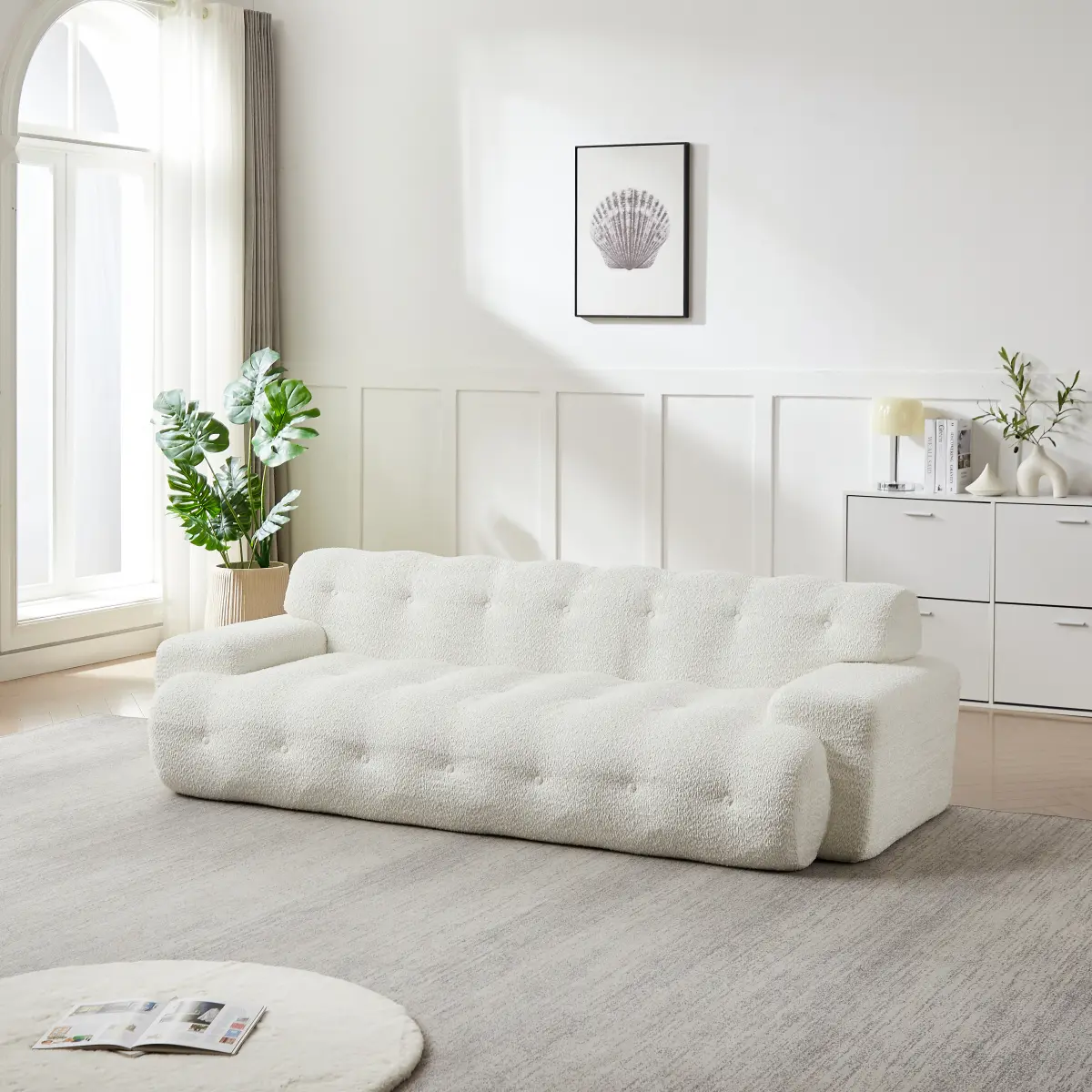 87.4 in Cloud Series 3-Seater Chenille Sofa, Minimalist Button-Tufted Square Arm, Comfortable Upholstered Living Room Seating