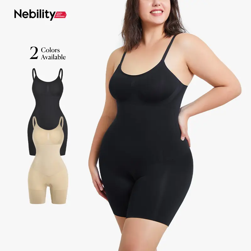 Nebility Women's Seamless Skin-Friendly Mid-Thigh Cami Bodysuit - Seamless Binder, Basic Compression Corset Shapewear Romper, High-Stretch Girdle for Effortless Styling