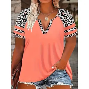 Plus Size Leopard Print T-Shirt, Casual V Neck Short Sleeve T-Shirt, Women's Plus Size Clothing