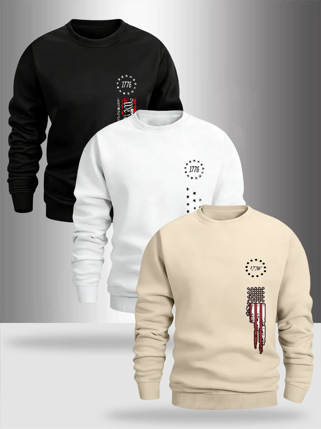 Men's Round Neck Fleece Pullover Sweatshirt, Vintage American Flag Pattern, Comfortable Long Sleeve, Multi-Color Options, Fall & Winter Fashion