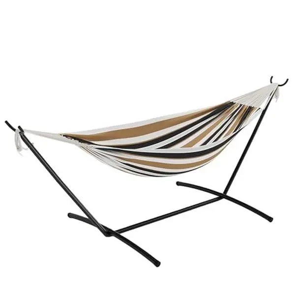 Double Hammock with Steel Stand - 2 Person Hammock Bed Indoor Outdoor, Brazilian-Style, with Carry Bag, 450lb Capacity, Portable & Easy Assembly, Coffee
