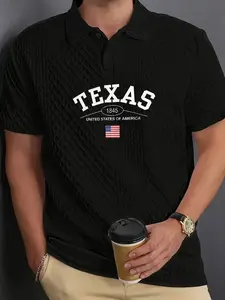 Men's Summer Texas American Flag Print Short Sleeve Polo Shirt, Textured Fabric, Casual Wear for Outdoor Leisure Business Occasions