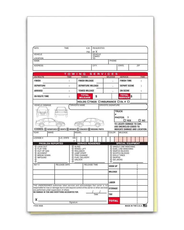 Plain Towing Register Form – 5-1/2" x 8-1/2" 2-Part Carbonless Edge-Glued Forms – White & Canary Duplicate Invoice Pads for Towing Services, Tracking, Recording & Customer Invoicing
