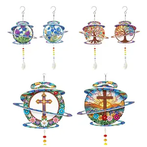 2pcs 5D Double-Sided Diamond Painting Wind Spinner Set, Nature & Faith Pattern (Tree of Life, Cross, Iris Flower) DIY Craft, Hangable Decoration for Garden & Home, Holiday Gift