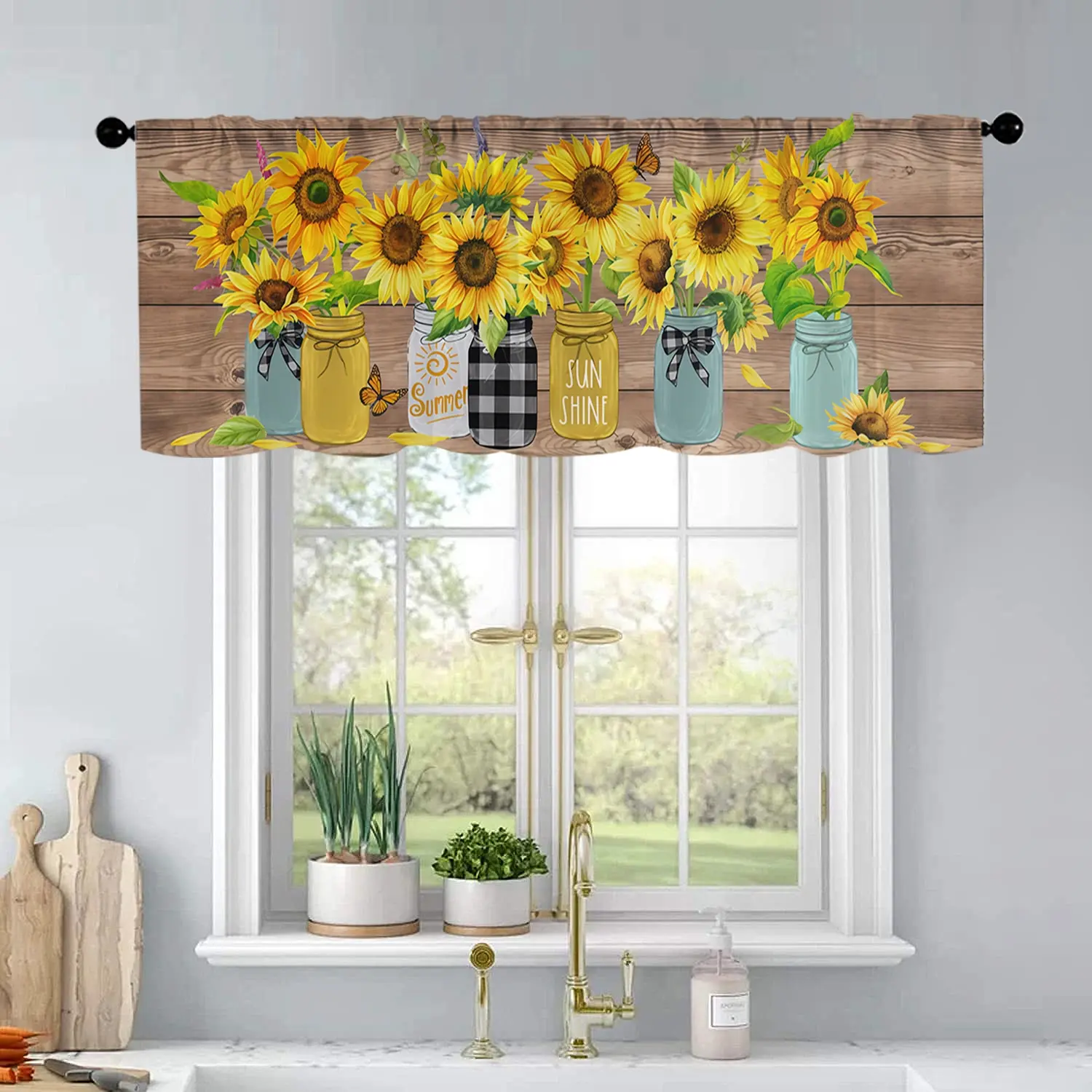 1pc Sunflower wood grain background kitchen curtains living room bedroom bathroom home decoration 54 * 18 inches Window Curtain Window Hanging Curtain for Windows