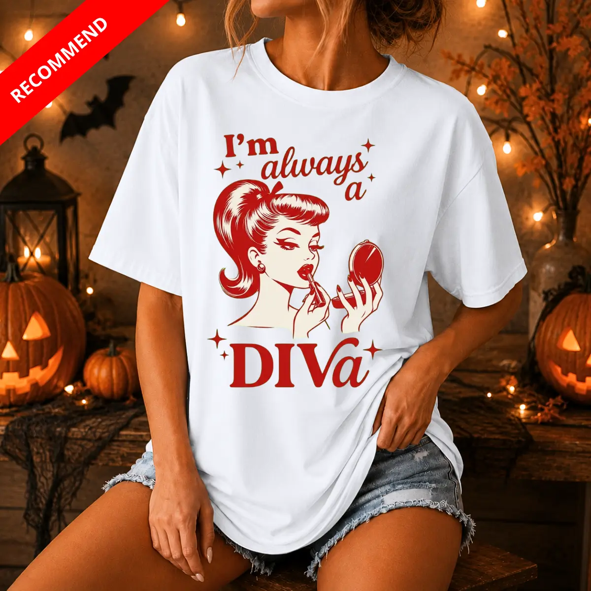 Retro Diva Graphic T-Shirt, Vintage Pin Up Style Shirt, Makeup Beauty Illustration Tee, Red Retro Woman Lipstick Graphic, Front Graphic Print Tee, Funny Aesthetic Fashion Shirt, Gift For Women, Birthday Gift, Everyday Casual Outfit