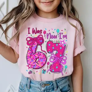 Youth & Adult 7th Birthday Girl Shirt, Funny I Was 6 Now I’m 7 Tee, Trendy Pink Bow Graphic T-shirt, USA-Made & Printed Apparel	