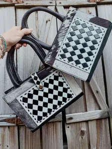 Speed Check Bible Book Carry Cover Tooled Black and White Checkered Cowhide Leather Handles 9"x7.25" Western Gift for Her
