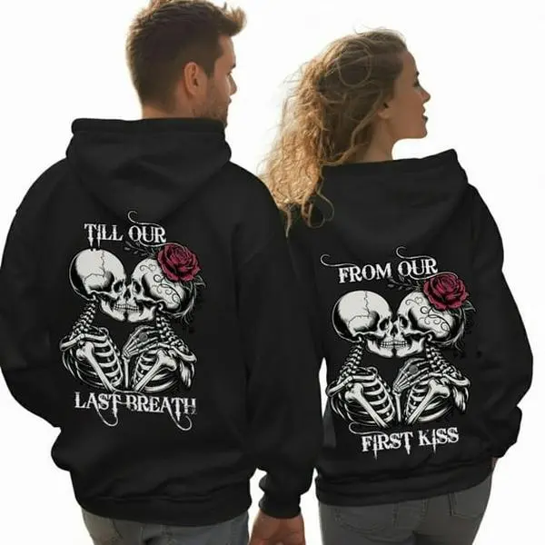 Gothic Skeleton Couple Matching Couple From Our First Kiss Till Our Last Breath, His and Hers Graphic Hoodie Casual Streetwear Fleece Fabric Pullover Hooded Sweatshirt Trendy Halloween Tops Collection for Women for Men, Perfect Gift