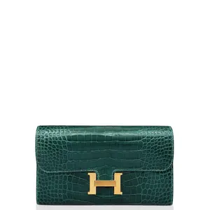 Pre-owned HERMÈS Leather small leather goods Hermes Constance Long Wallet Shiny Alligator Emerald Green (ag022626a4)