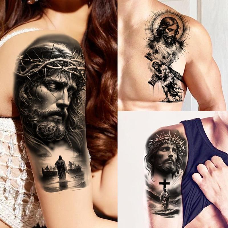 73 Sheets God Jesus Christ Temporary Tattoos For Men Adults, Religious Cross Prayer Half Arm Sleeve Tattoos For Women Rose Flower, Temp Christian Faith Belief Family Fake Tattoo Stickers Halloween