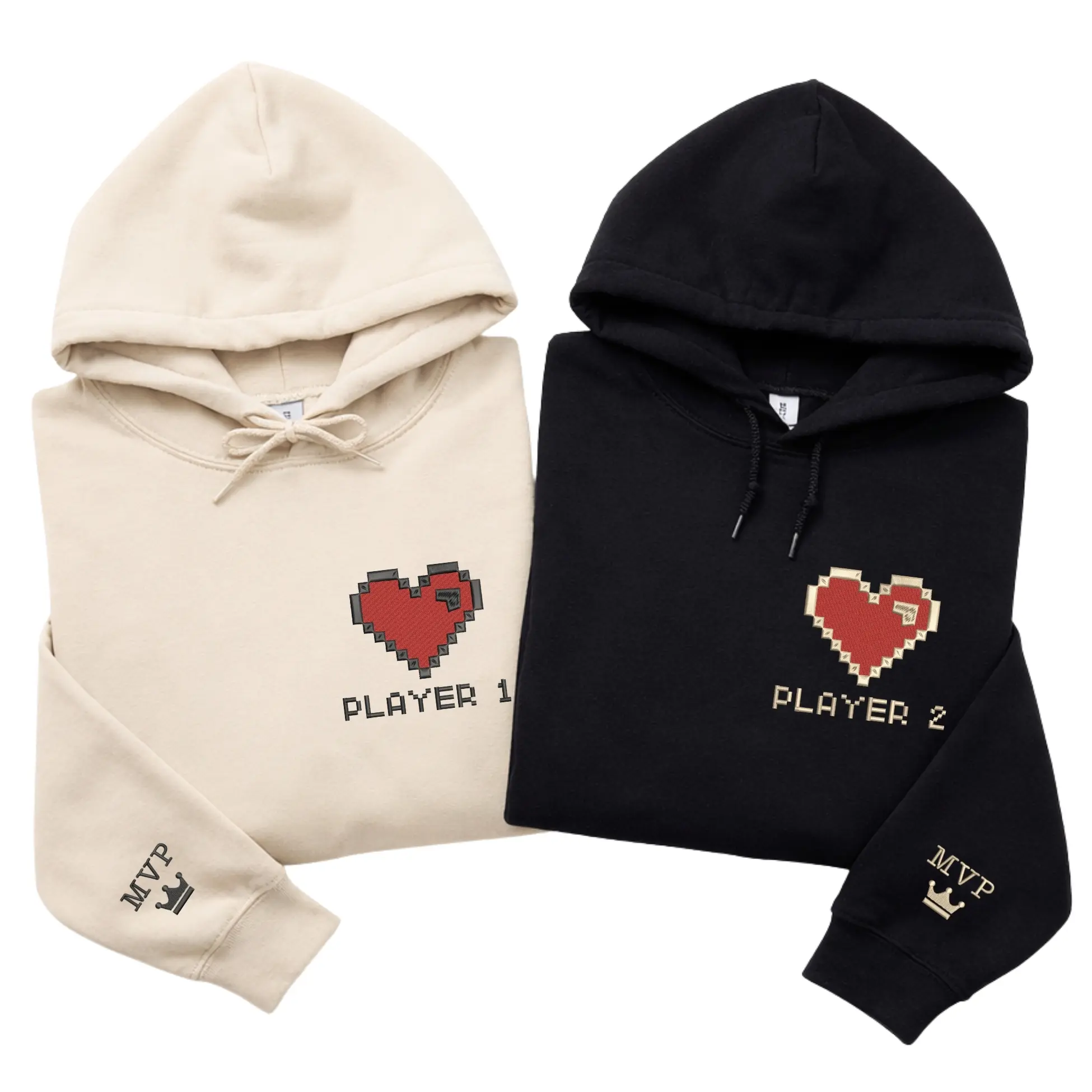 Custom Embroidered Gamer Couple Hoodies Player 1 Player 2 — Matching Gift for Couples Valentine Birthday