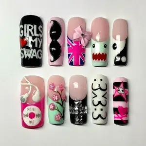 Y2K Pop Culture Press-On Nails, Pink Black Graphic Design, Cherry Blossom Art, Music Player Accent, Cute Monster Character, Harajuku Style, Retro Streetwear Aesthetic Nails