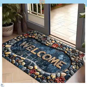 Non-Slip Stone Carved Doormat with Elegant Welcome Design - Easy to Clean, Versatile for Indoor Use