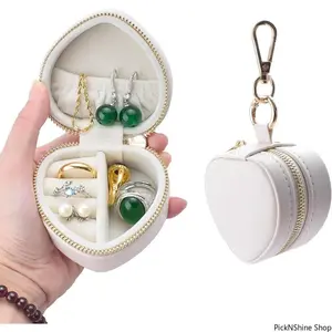 Heart Shape Jewelry Case Keychain Portable Ring Holder Travel Organizer PU Leather Storage Box for Earrings Necklace Wedding Sports Vacation Use