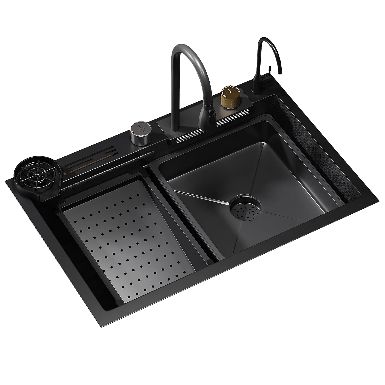 Black CascadeFlow Waterfall Stainless Steel Sink - High-Arch Sprayer, Knife Dock, Detachable Drain Basket, Oversized Composite Basin, 0-Edge Design for Luxury Chef Kitchens/Bars Home, Waterfall Kitchen Sink