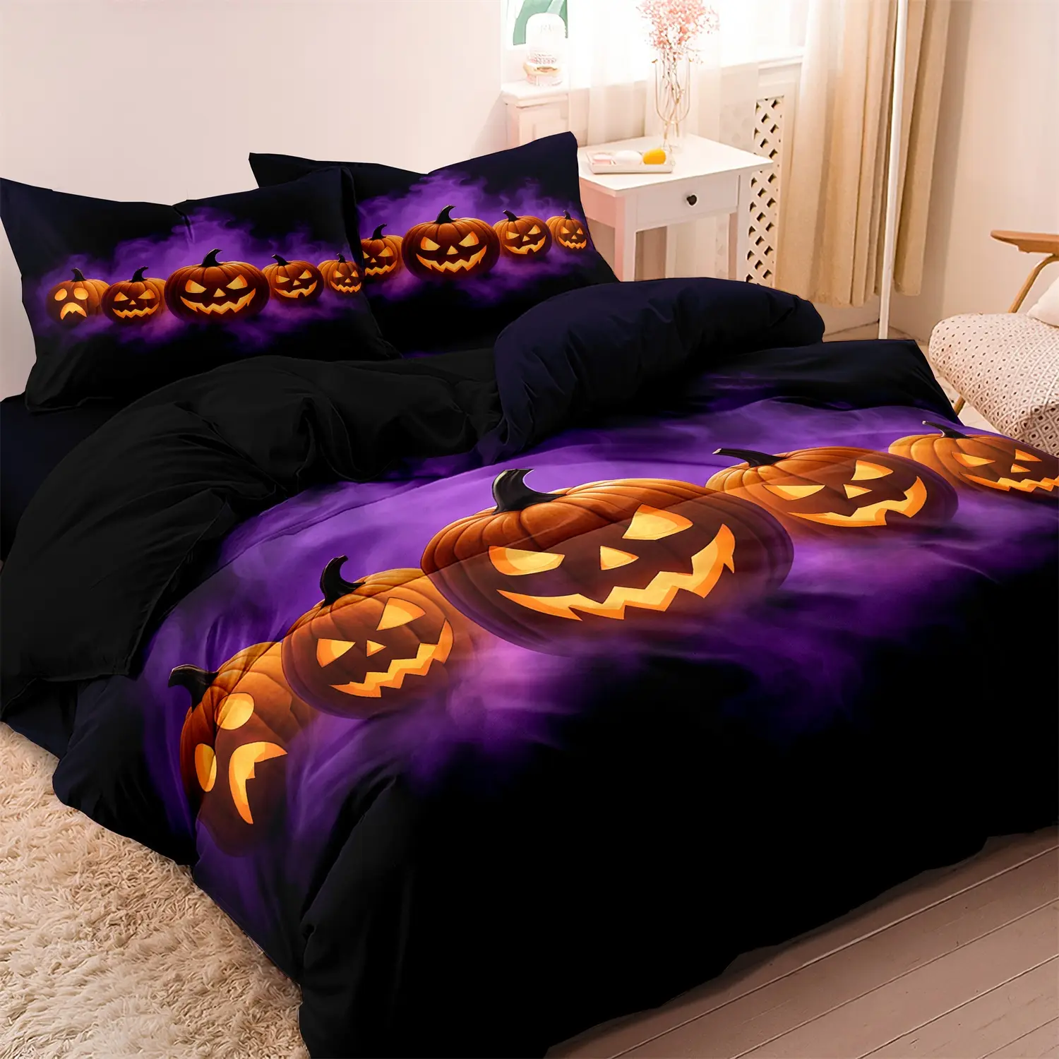 3pcs Gothic Skull/Pumpkin Pattern Duvet Cover Set, Decorative Duvet Cover, 100% Polyester, Breathable, All-Season, Digital Printed, Machine Washable, Includes 1 Duvet Cover and 2 Pillowcases (No Insert) - For Halloween Home and Dorm Decor