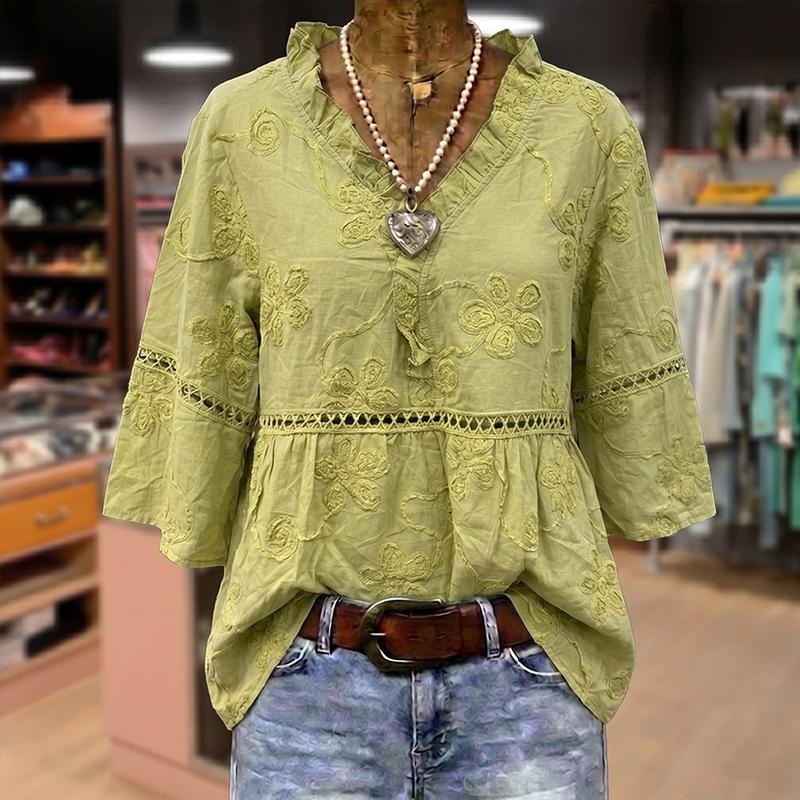 Cherrybetty 100%Cotton Vintage Floral Embroidered V-Neck Hollow Out Top Clothes For Women Summer Tops Plus Size Clothes Summer Outfits Women Womenswear Blouse