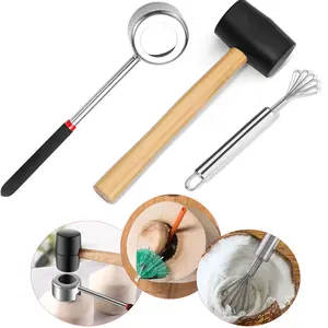 Coconut Opener Tools with Hammer, Super Safe & Easy to Open Young Coconuts Tool, Food Grade Stainless Steel Coconut Opener Set, Rubber Mallet with Handle