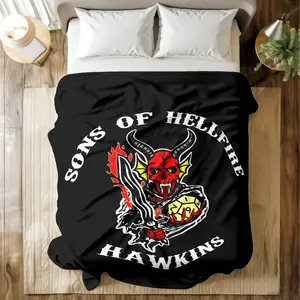 "Stranger Things Hellfire Club" fleece Throw Blanket with edgy demonic dice artwork. Ultra-soft, durable, quick-dry, machine washable. Multiple sizes for bed, sofa, travel, camping, or office naps. Perfect gift for sci-fi and Stranger Things fans.
