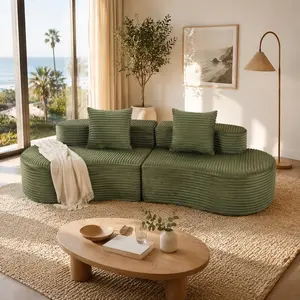 Compression Foam Sofa, 110.24” Corduroy Boneless Cloud Couch with Rounded Edges for Living Room Bedroom Apartment, Green Deep Seat Lounge with 2 Lumbar Pillows, No Assembly (Green)