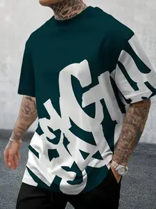 Men's 3D Letter Print T-Shirt, Deep &, Casual Streetwear, Comfortable Polyester Fabric Round Neck, Summer Short Sleeve Pullover, Fitted