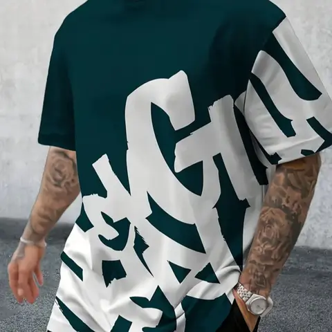 Men's 3D Letter Print T-Shirt, Deep &, Casual Streetwear, Comfortable Polyester Fabric Round Neck, Summer Short Sleeve Pullover, Fitted, Menswear